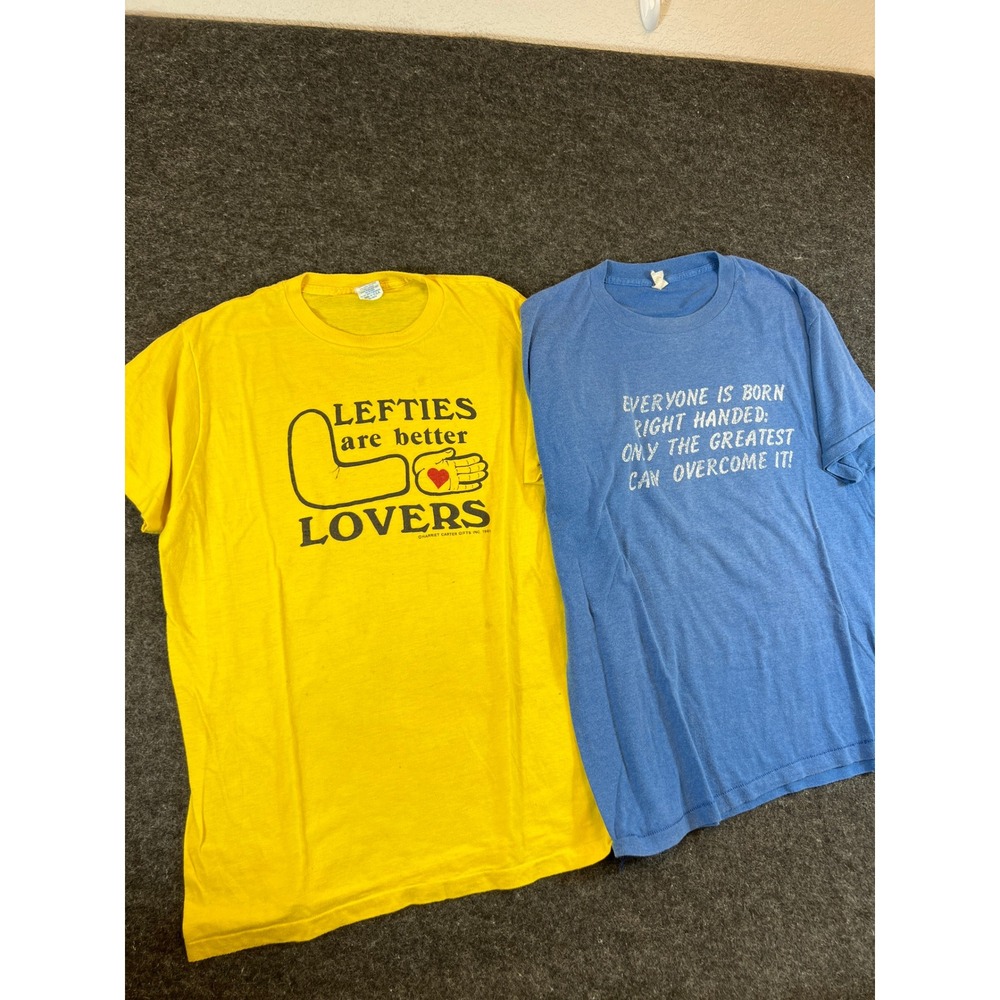 Vintage 80s Left Handed Graphic Shirt Single Stitch Yellow Blue Mens XL Lot Of 2